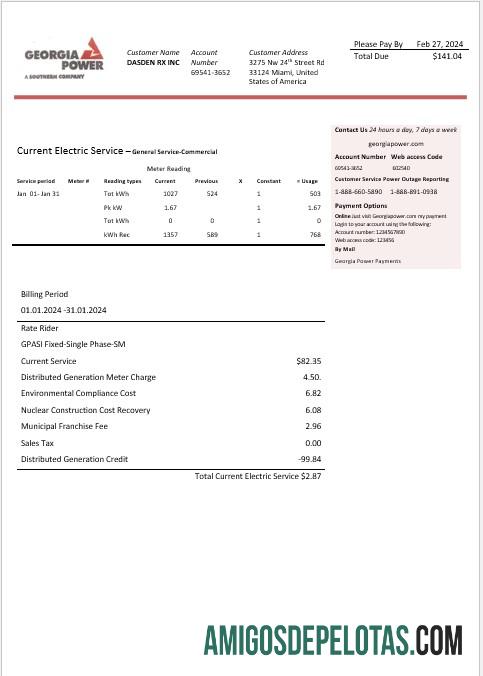 imprimível Modelo de conta de serviços públicos de energia da Geórgia dos EUA em formatos Word e PDF, totalmente editável